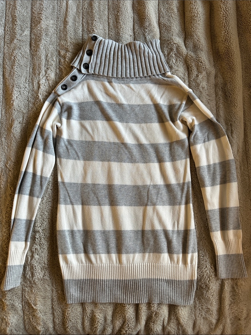 Striped Turtleneck Button-Shoulder Sweater - Gray & Cream